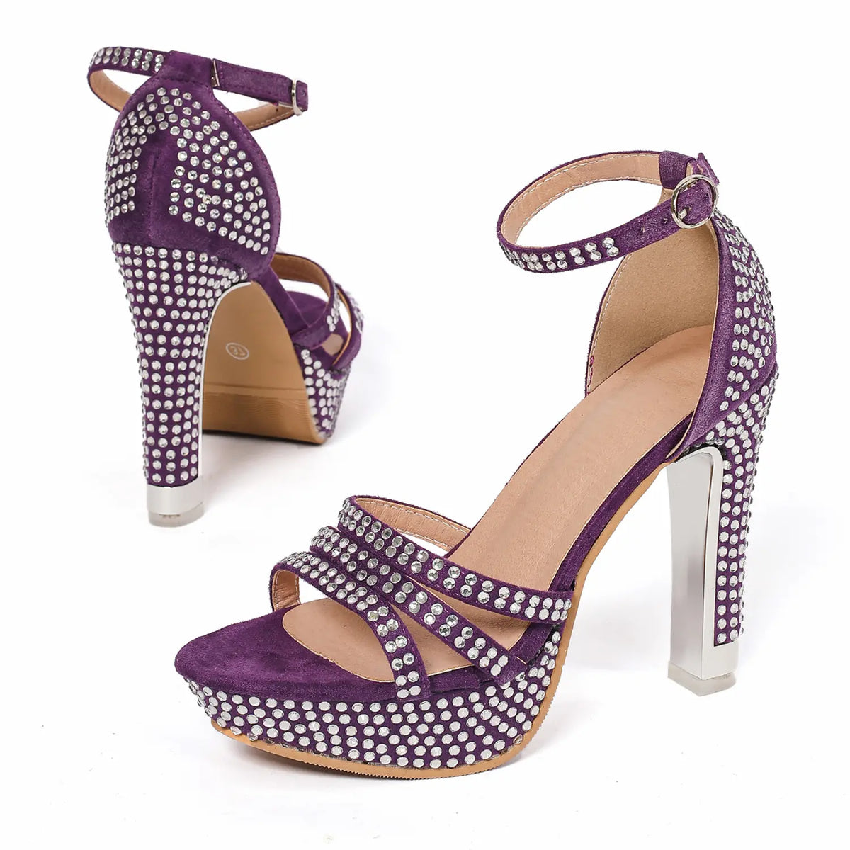 Sparkly Rhinestone Open Toe Platform Block Heel Sandals