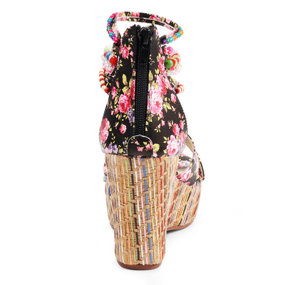 Floral Beaded Woven Wedge Sandals