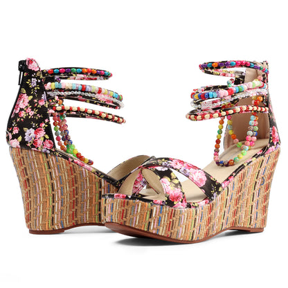 Floral Beaded Woven Wedge Sandals