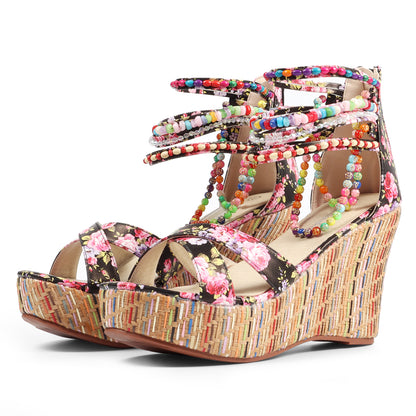 Floral Beaded Woven Wedge Sandals