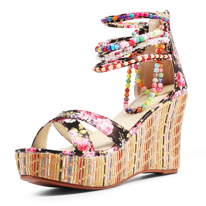Floral Beaded Woven Wedge Sandals