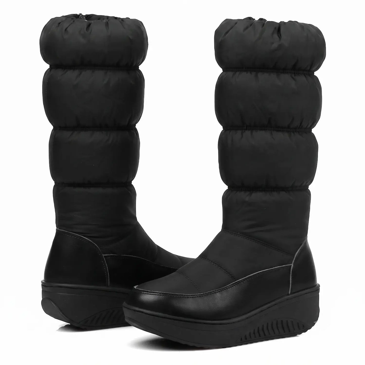 Waterproof Mid-Calf Zip-Up Wedge Puffer Snow Boots