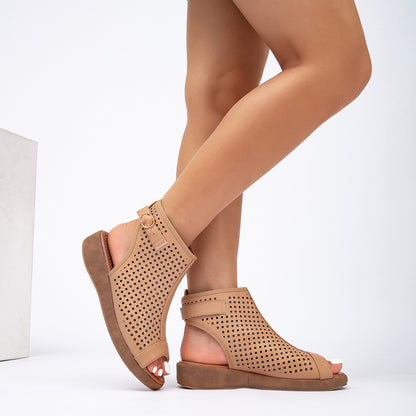 Perforated Slingback Low Wedge Sandals