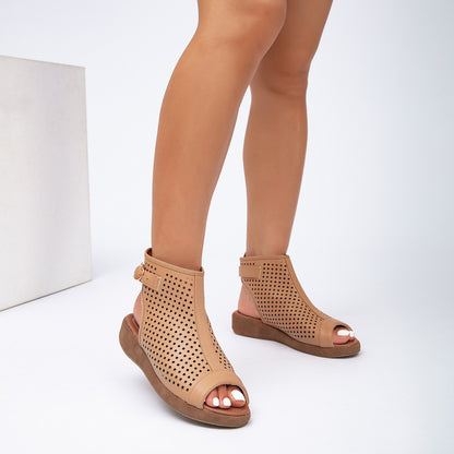 Perforated Slingback Low Wedge Sandals