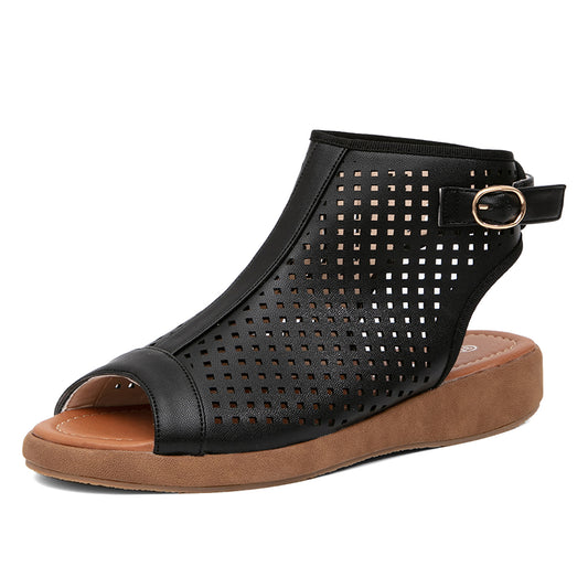 Perforated Slingback Low Wedge Sandals