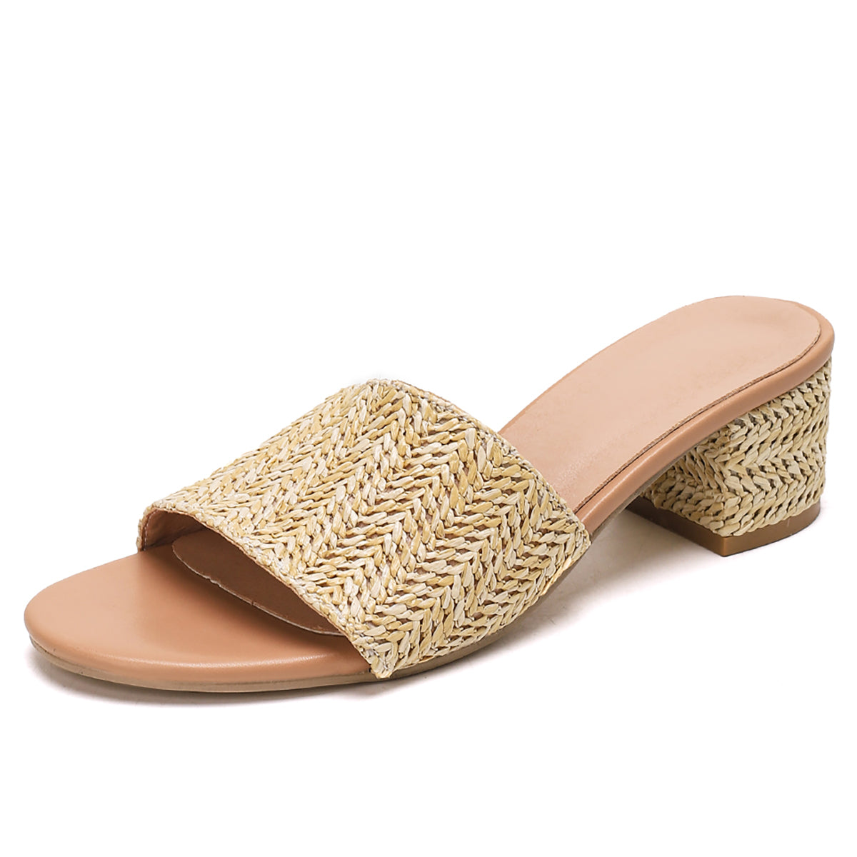 Woven Raffia Block Heel Slide Sandals