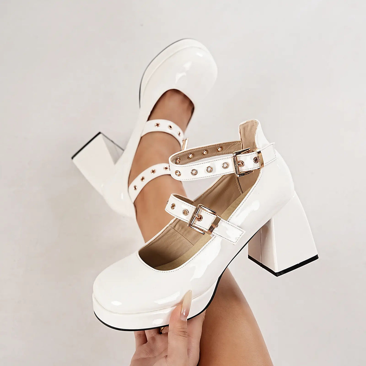 Patent Double Strap Platform Mary Jane Pumps