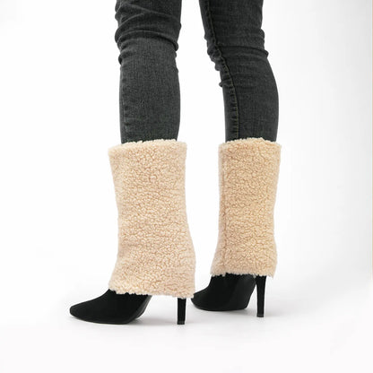Pointed Toe Fold Over Sherpa Stiletto Mid Calf Boots