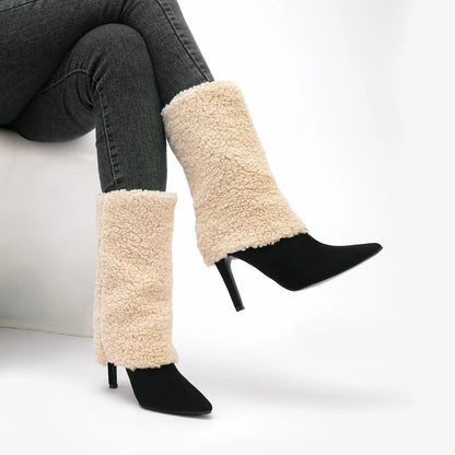 Pointed Toe Fold Over Sherpa Stiletto Mid Calf Boots
