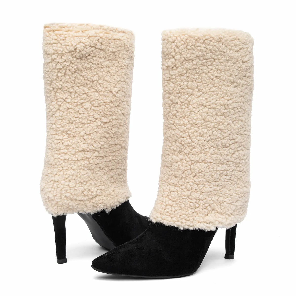 Pointed Toe Fold Over Sherpa Stiletto Mid Calf Boots