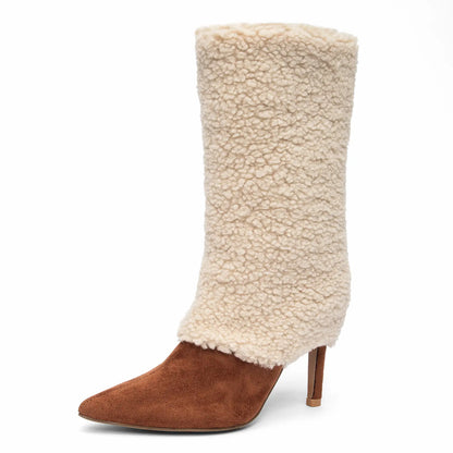 Pointed Toe Fold Over Sherpa Stiletto Mid Calf Boots