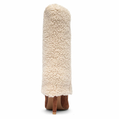 Pointed Toe Fold Over Sherpa Stiletto Mid Calf Boots