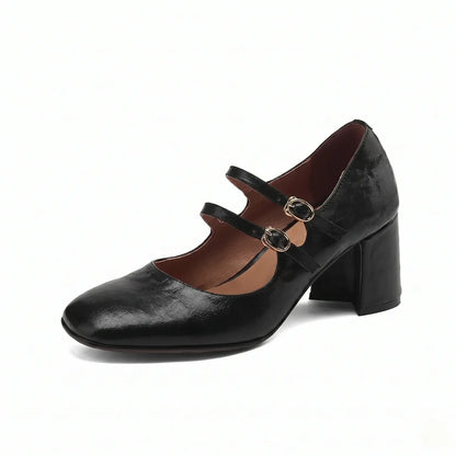 Black leather double-strap Mary Jane block heels with square toe