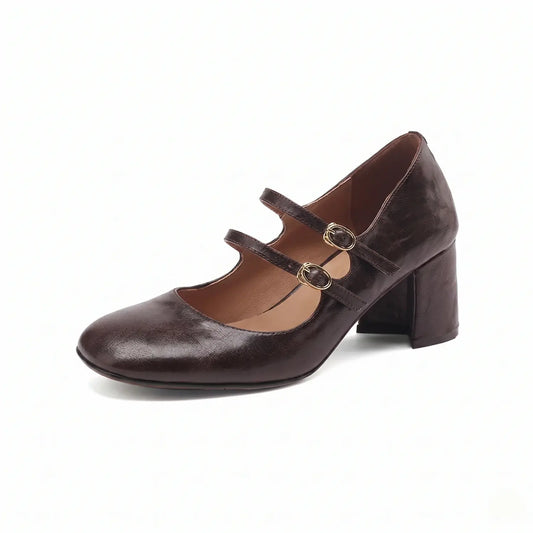 Brown leather double-strap Mary Jane block heels with square toe