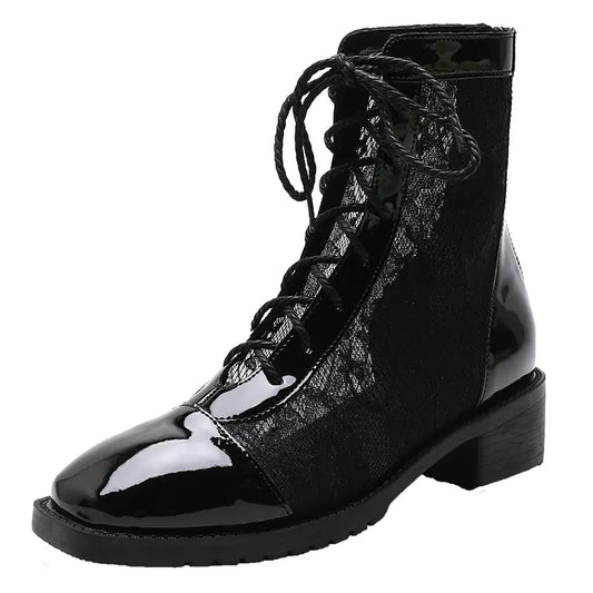 Victorian Floral Mesh Lace-Up Patent Combat Boots