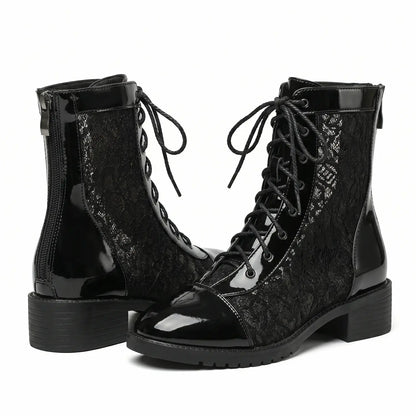 Victorian Floral Mesh Lace-Up Patent Combat Boots