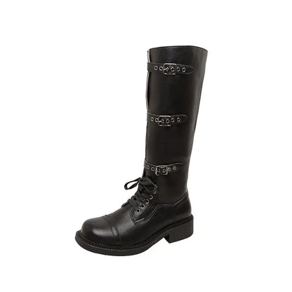 Vintage Genuine Leather Knee High Buckle Combat Boots