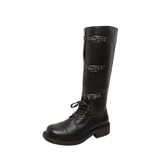Vintage Genuine Leather Knee High Buckle Combat Boots