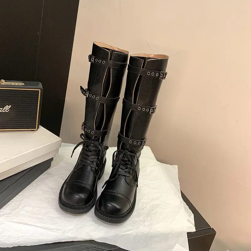 Vintage Genuine Leather Knee High Buckle Combat Boots