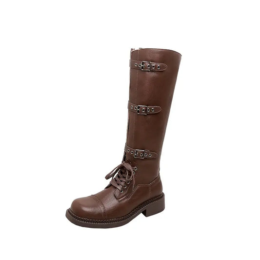 Vintage Genuine Leather Knee High Buckle Combat Boots