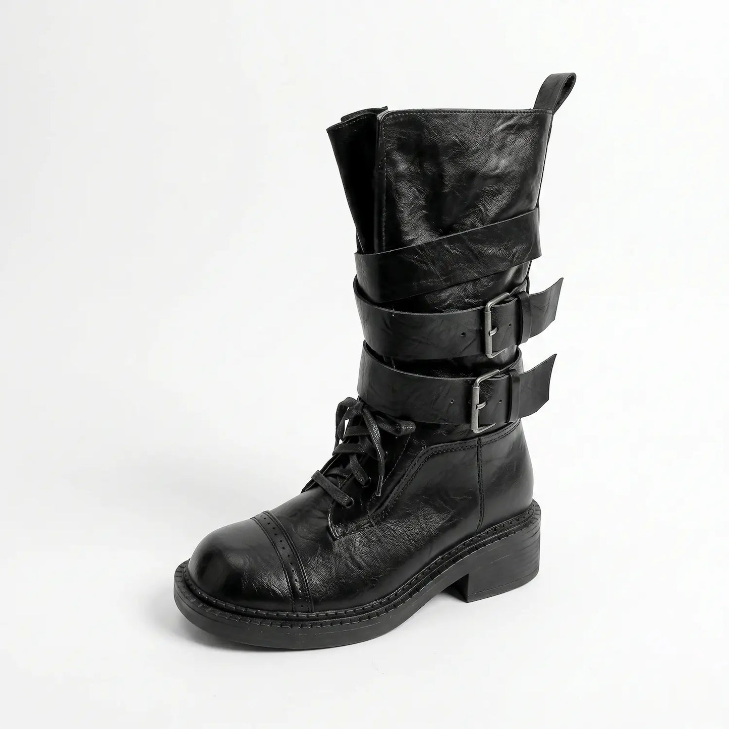 Vintage Wraparound Buckle Mid-Calf Combat Boots