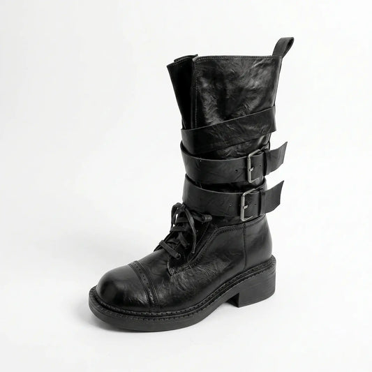 Vintage Wraparound Buckle Mid-Calf Combat Boots