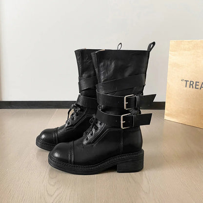 Vintage Wraparound Buckle Mid-Calf Combat Boots