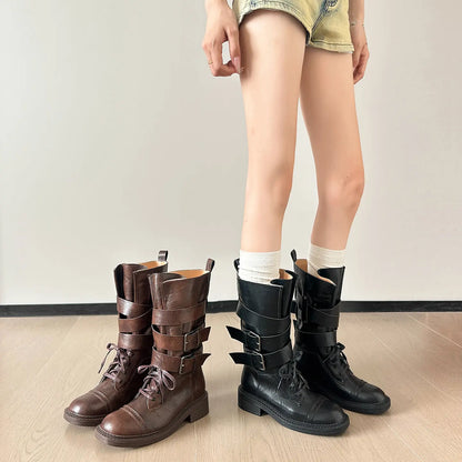 Vintage Wraparound Buckle Mid-Calf Combat Boots