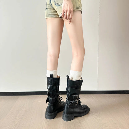 Vintage Wraparound Buckle Mid-Calf Combat Boots