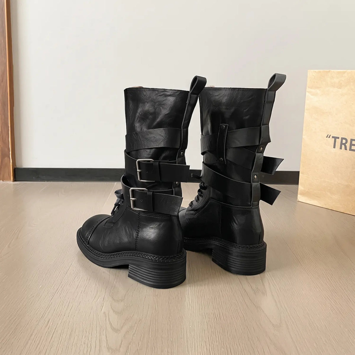 Vintage Wraparound Buckle Mid-Calf Combat Boots