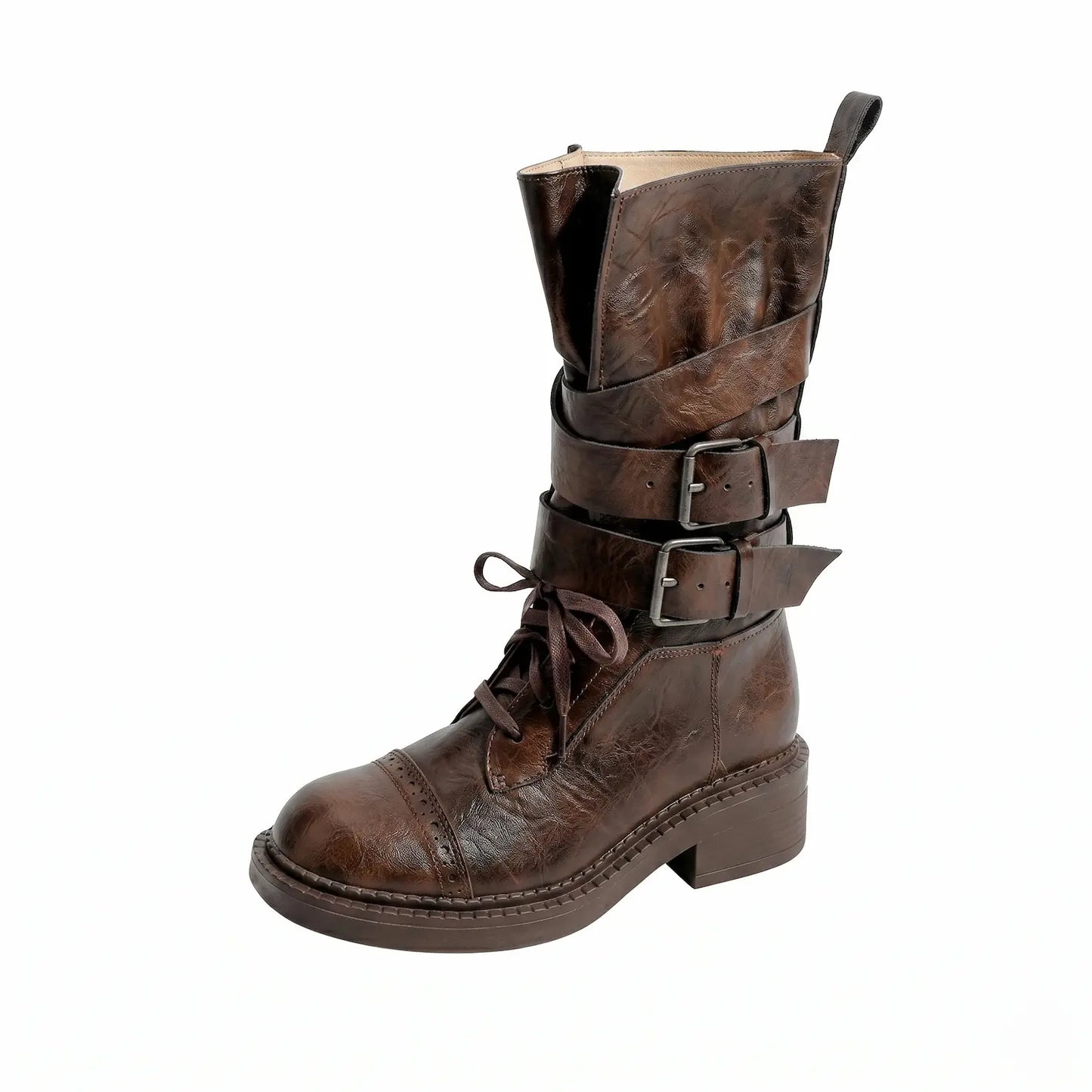 Vintage Wraparound Buckle Mid-Calf Combat Boots