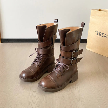 Vintage Wraparound Buckle Mid-Calf Combat Boots