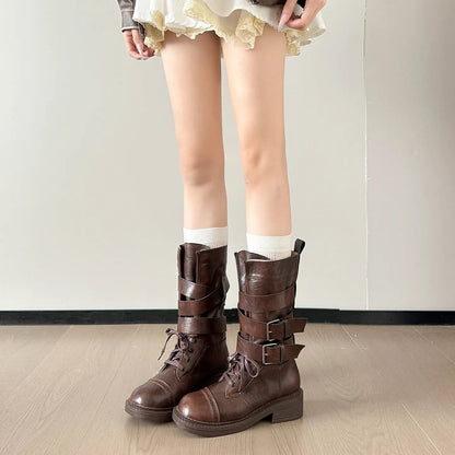 Vintage Wraparound Buckle Mid-Calf Combat Boots