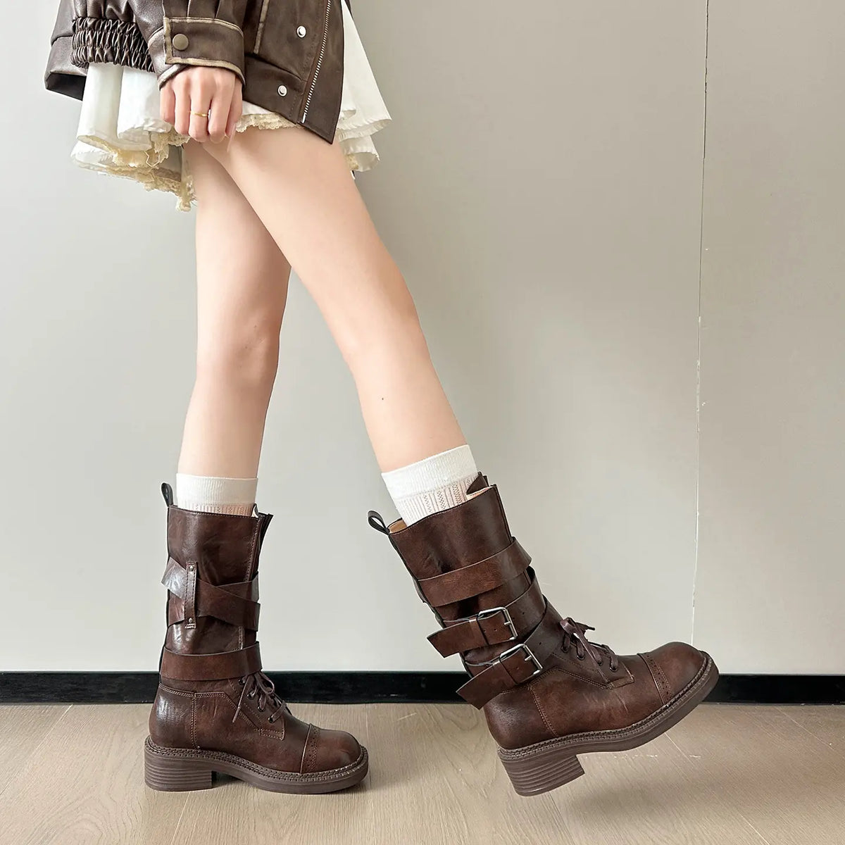 Vintage Wraparound Buckle Mid-Calf Combat Boots