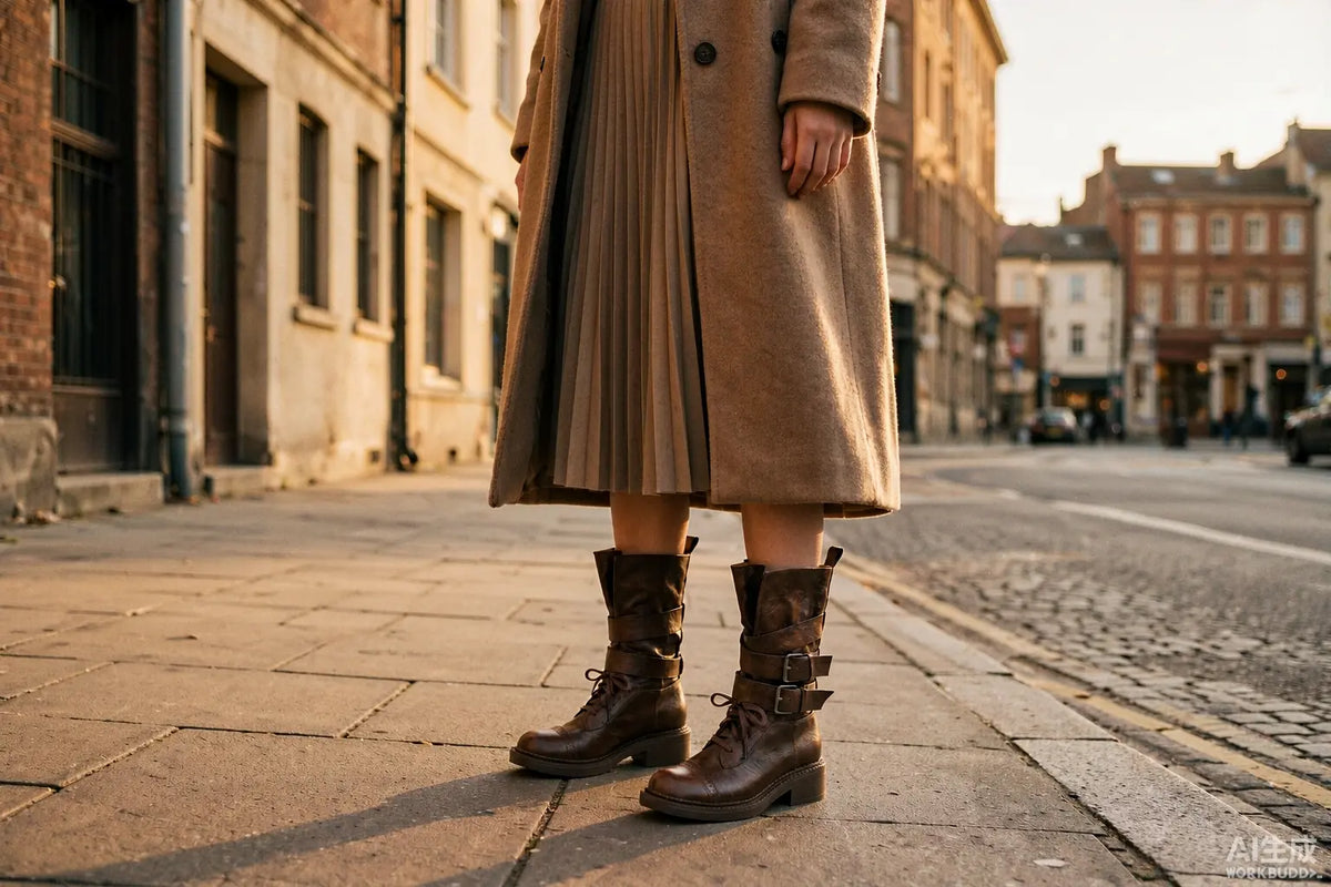 Vintage Wraparound Buckle Mid-Calf Combat Boots — 1