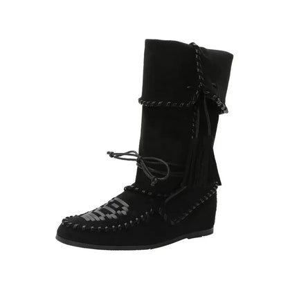 Bohemian Fold-Over Tassel Moccasin Wedge Boots