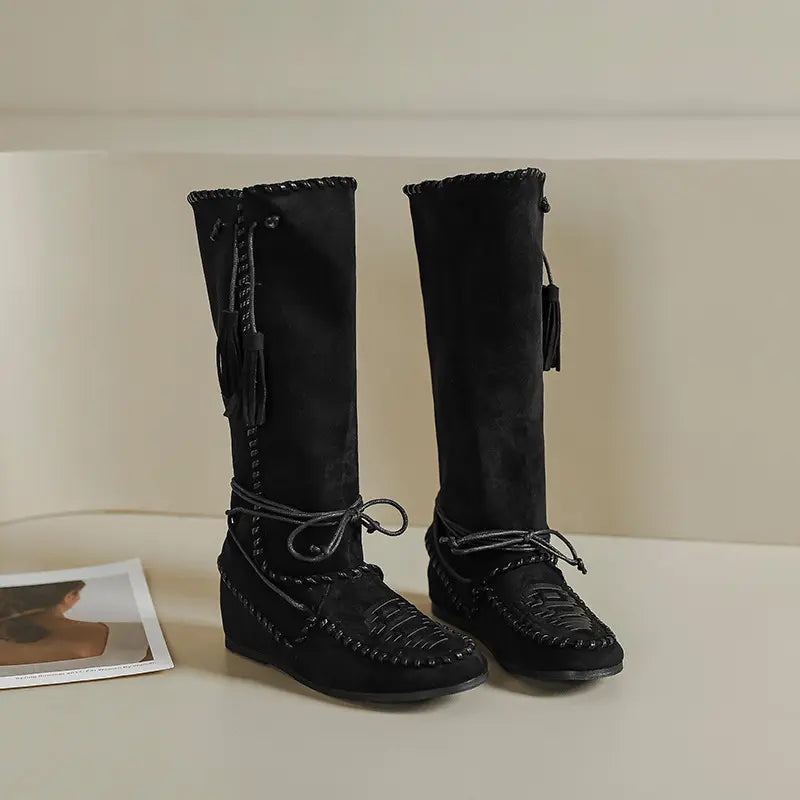 Bohemian Fold-Over Tassel Moccasin Wedge Boots