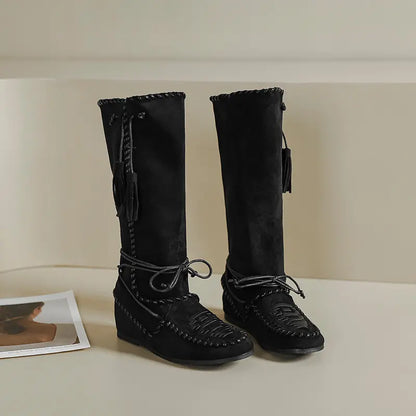 Bohemian Fold-Over Tassel Moccasin Wedge Boots