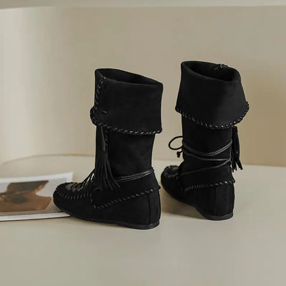 Bohemian Fold-Over Tassel Moccasin Wedge Boots