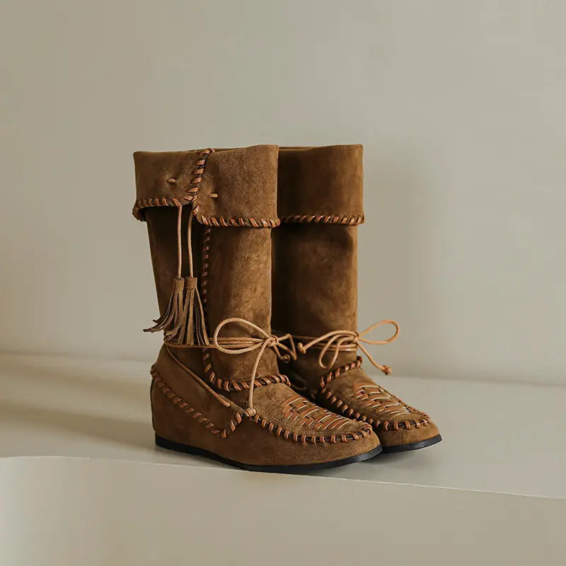 Bohemian Fold-Over Tassel Moccasin Wedge Boots