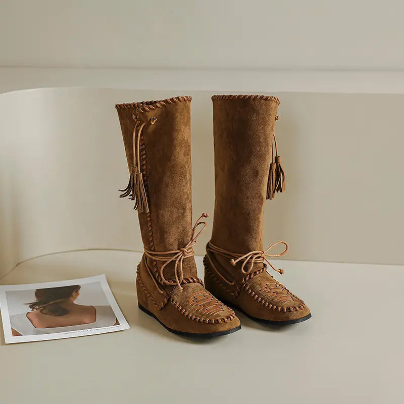 Bohemian Fold-Over Tassel Moccasin Wedge Boots