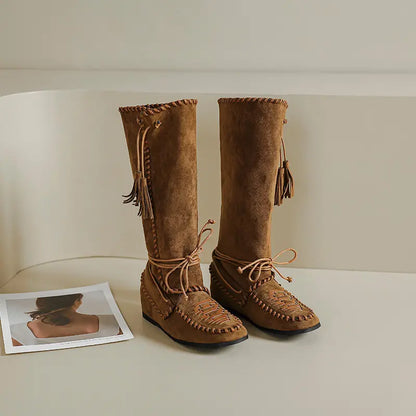 Bohemian Fold-Over Tassel Moccasin Wedge Boots