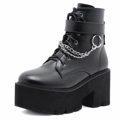 Black Chunky Heel Platform Ankle Boots with Chains
