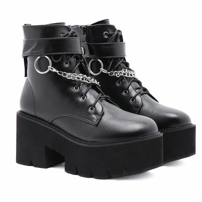 Black Chunky Heel Platform Ankle Boots with Chains
