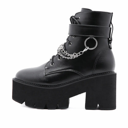 Black Chunky Heel Platform Ankle Boots with Chains