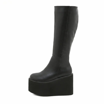 Retro Minimalist Chunky Platform Knee High Boots