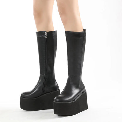 Retro Minimalist Chunky Platform Knee High Boots