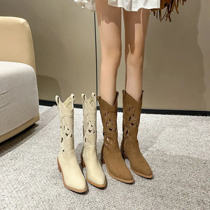 Vintage Boho Cut-Out Faux Suede Western Boots