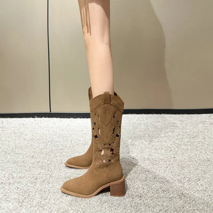 Vintage Boho Cut-Out Faux Suede Western Boots