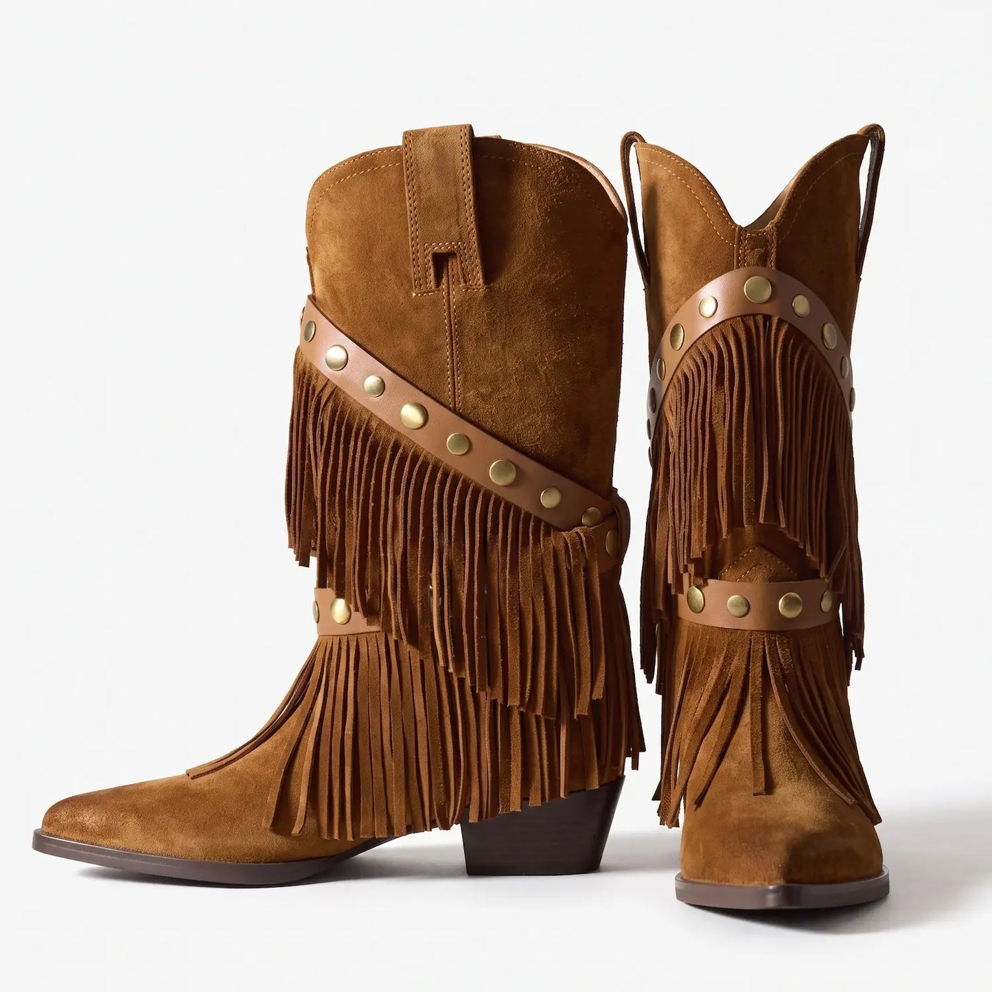 Vintage Boho Fringe Faux Suede Mid-Calf Western Boots